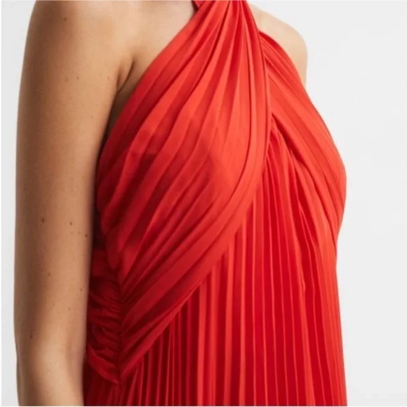 NWT REISS Roya Pleated Halter Dress Red 6 - Picture 4 of 14